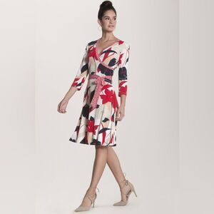Leota mixed print red navy tan and white faux wrap midi dress size large